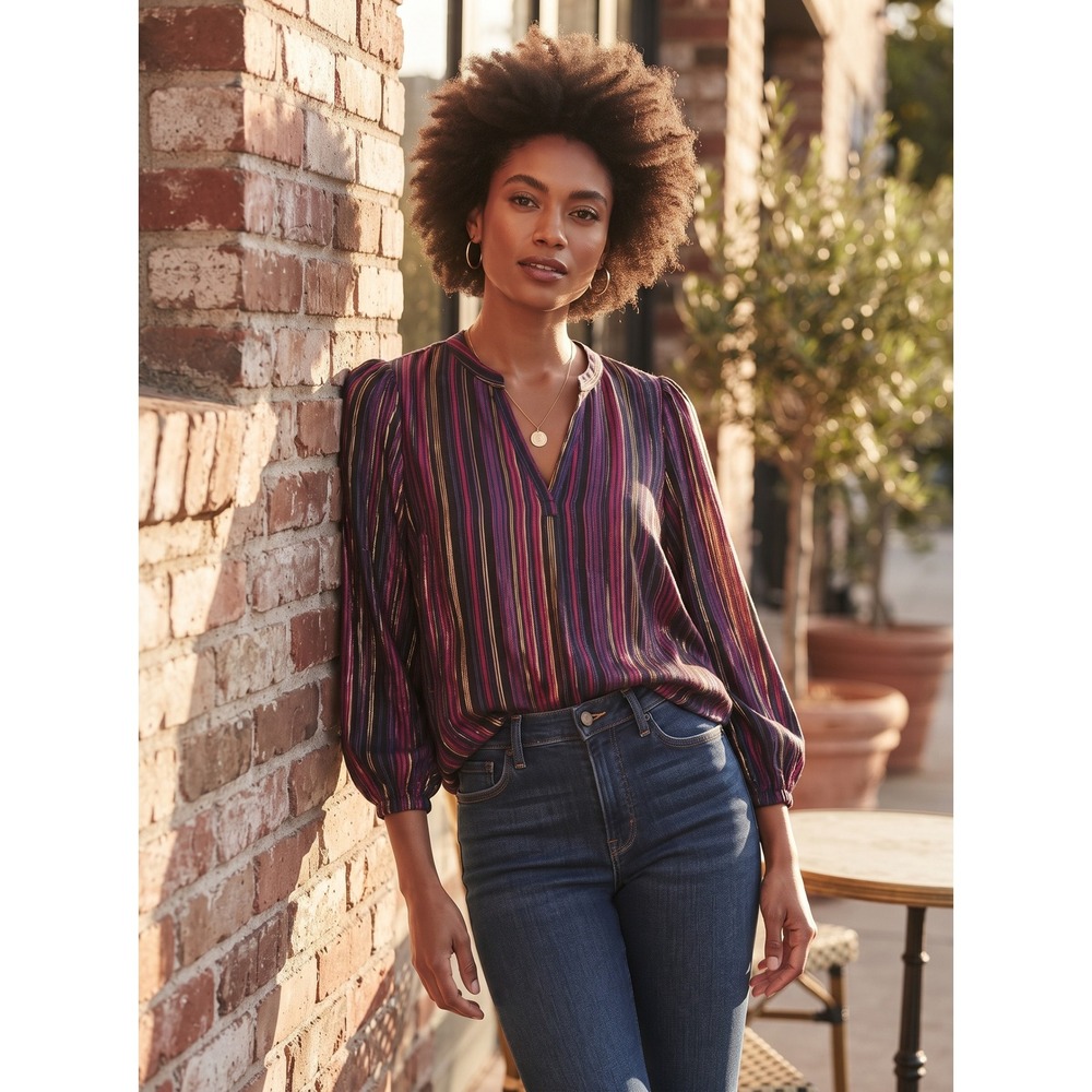 Marine Layer Jamie Top Metallic Striped Banded Collar Blouse XS